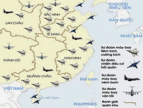 Biểu đồ những phi trường không quân của Trung Quốc. Nguồn:Bộ Quốc Phòng và Không quân (PLAAF).